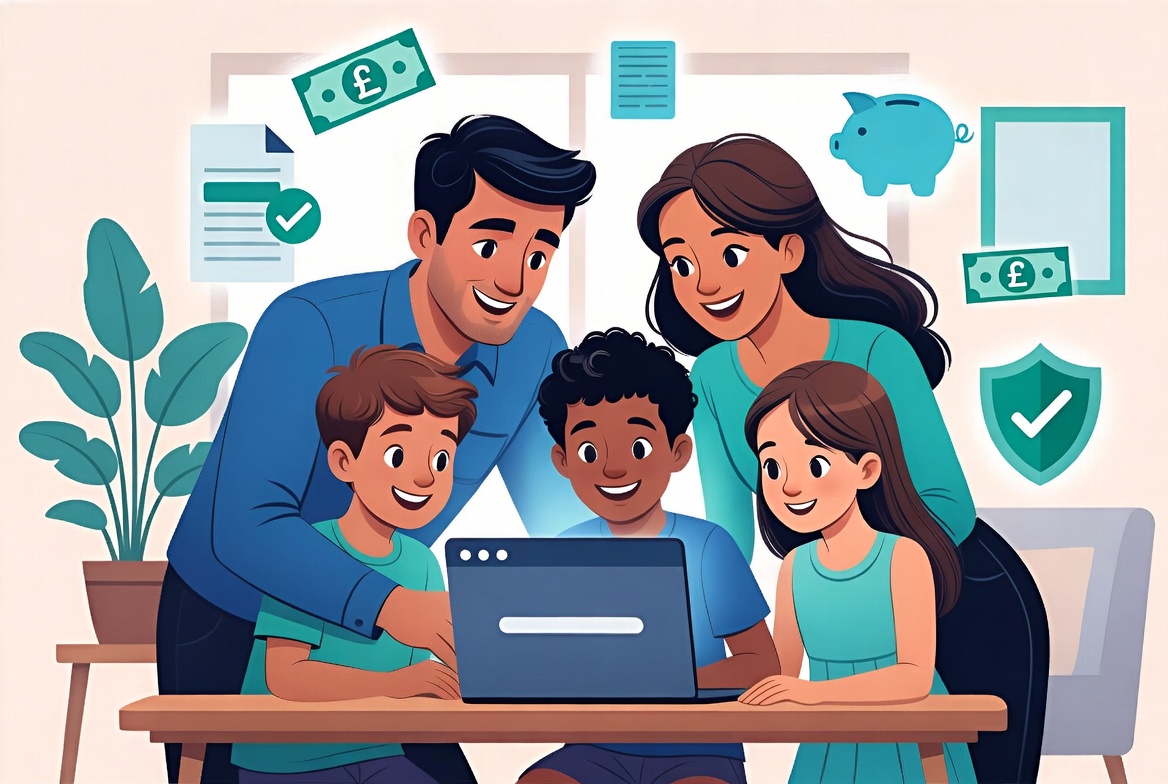 Happy UK family discovering money they are entitled to using MoneyFinder